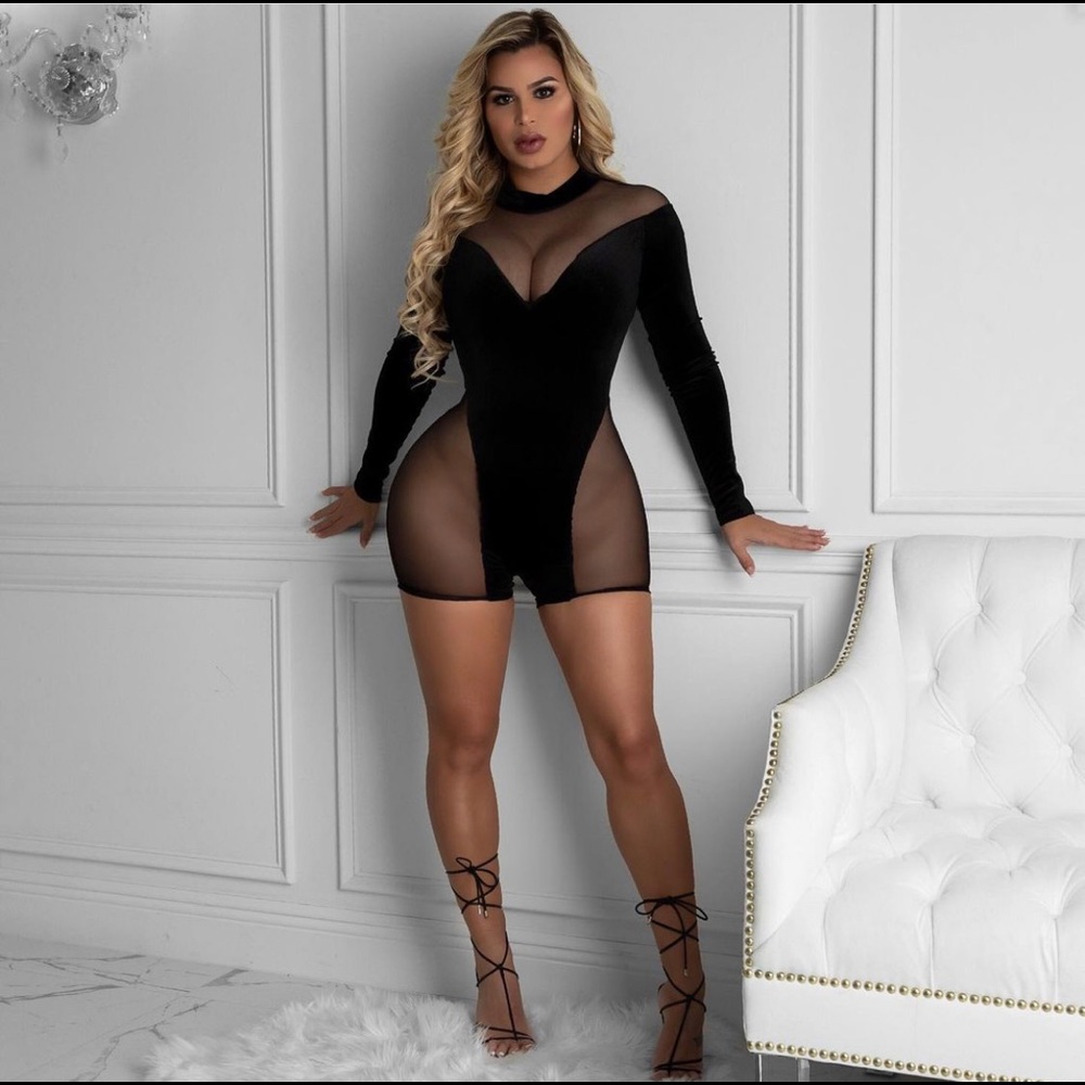 VELVET MESH LONG SLEEVE JUMPSUIT/Playsuit